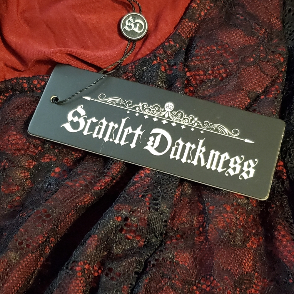 Gothic Scarlet Darkness Women's Red and Black Lace Midi Dress (Fits Like XS)